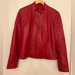 90s Vintage Crimson Floral Red Leather Jacket L